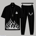 Men's Black Flame Print Micro Track Suit 2 Pcs