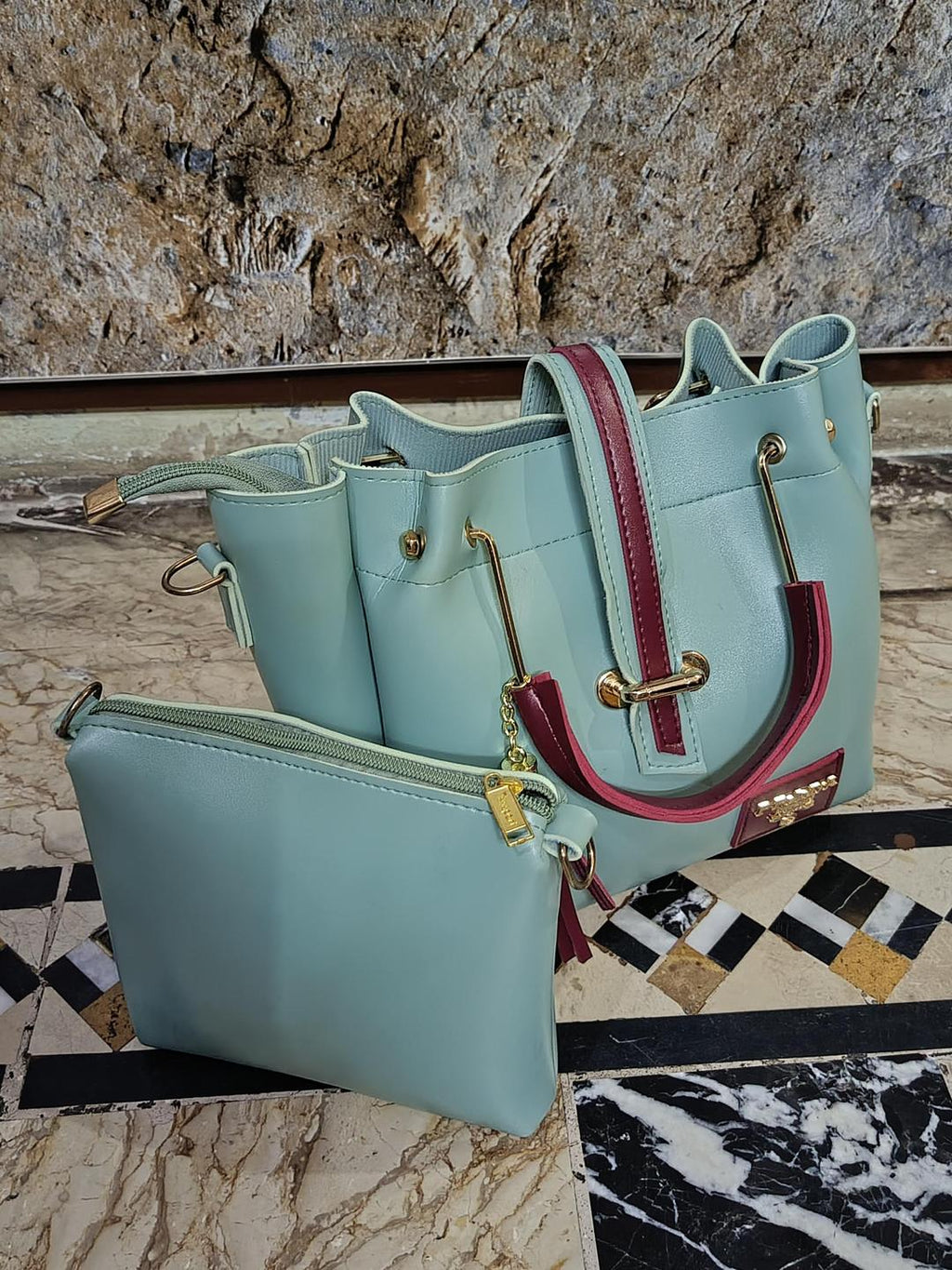 Light Blue PU Leather Handbag Set for Women