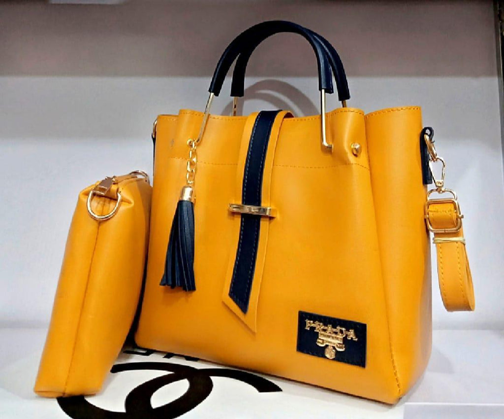 Yellow Handbag Set with Navy Tassel for Women
