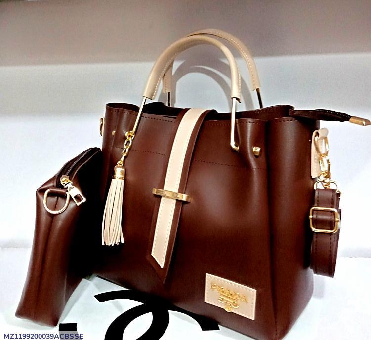Maroon PU Leather Handbag Set for Women with Pouch