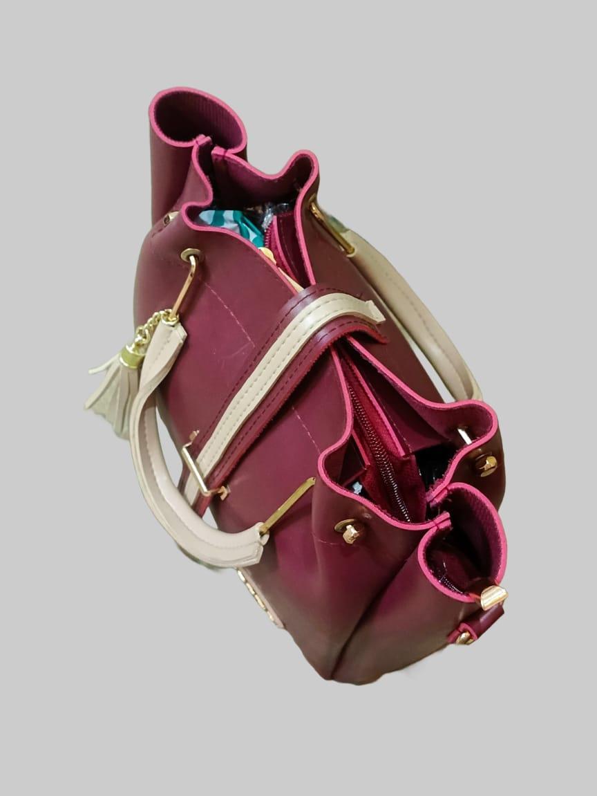 Maroon PU Leather Handbag Set for Women with Pouch