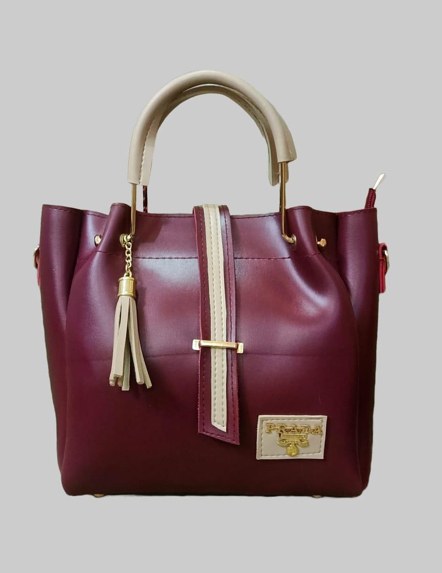 Maroon PU Leather Handbag Set for Women with Pouch