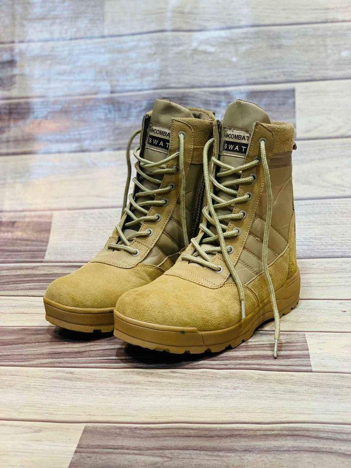 Men's Beige Synthetic Leather Formal Jump Boots with Laces