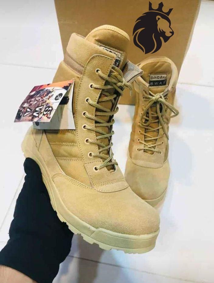 Men's Beige Synthetic Leather Formal Jump Boots with Laces