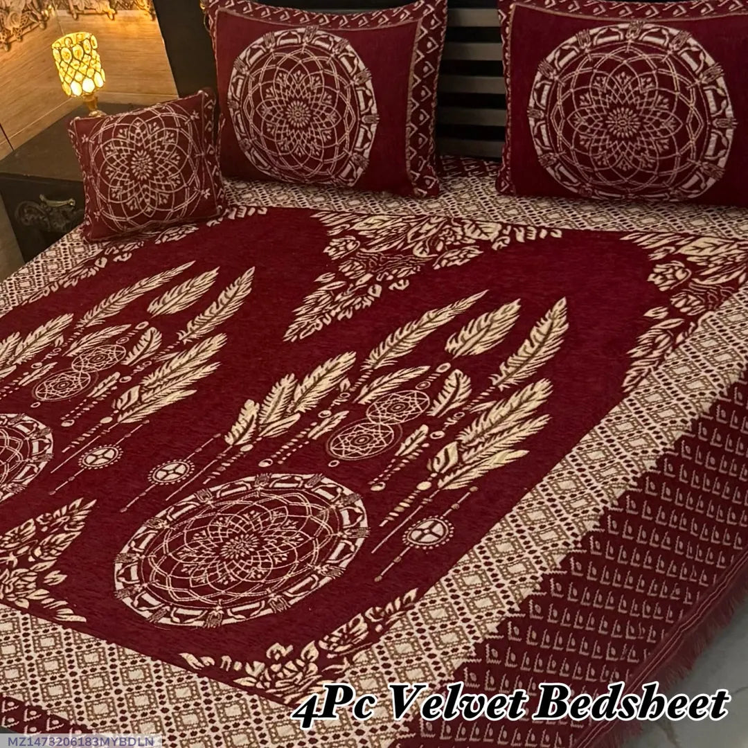 Exclusive 4 Pcs Velvet Jacquard Embroidered Double Bedsheet