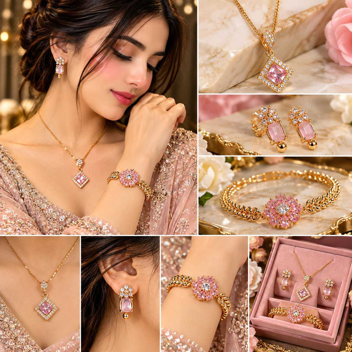 Pink Crystal Gold-Plated Jewelry Set – Elegant Pendant & Matching Earrings