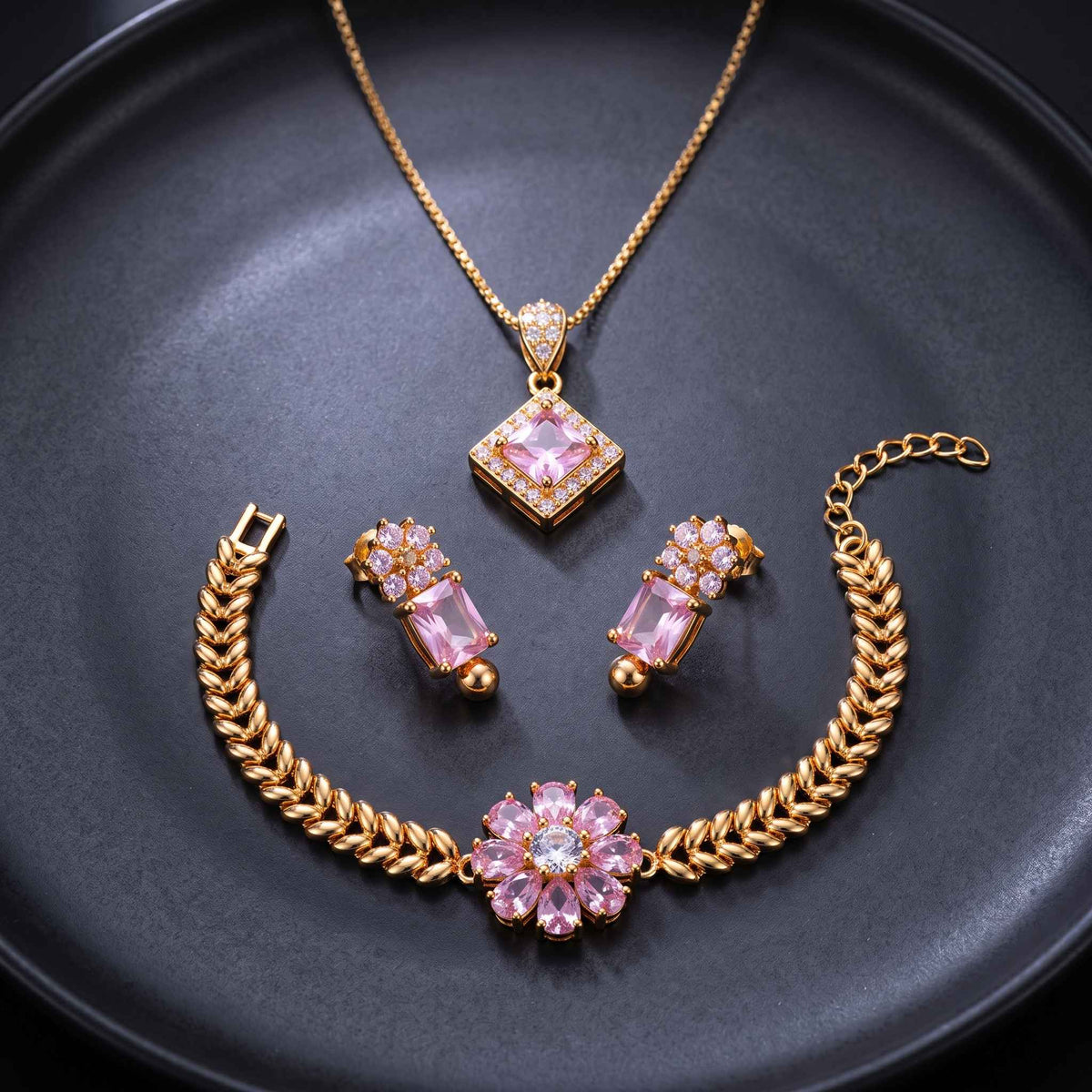 Pink Crystal Gold-Plated Jewelry Set – Elegant Pendant & Matching Earrings