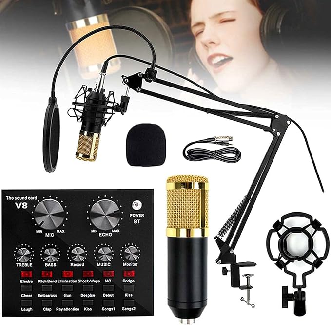 V8 Pro Condenser Microphone Kit with Sound Card – Professional Recording, Streaming & Podcasting