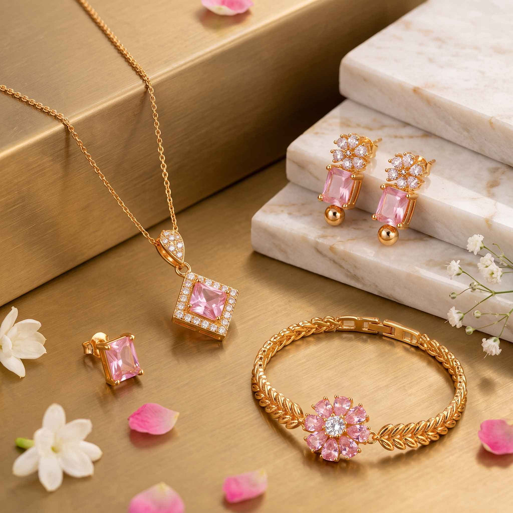 Pink Crystal Gold-Plated Jewelry Set – Elegant Pendant & Matching Earrings