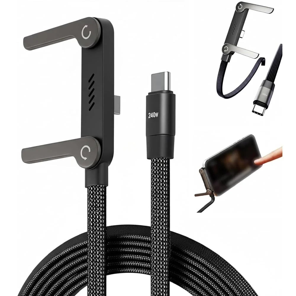 240W 2-in-1 USB-C to USB-C Data Cable – 1.5m Nylon Braided Fast Charging Cable with Stand