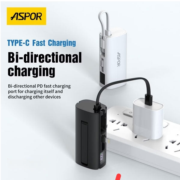 Aspor A351 Mini Power Bank 5000mAh – Portable Phone Charger with Digital Display, Built-In Stand & Flexible Cable
