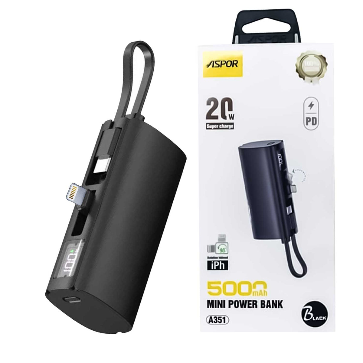 Aspor A351 Mini Power Bank 5000mAh – Portable Phone Charger with Digital Display, Built-In Stand & Flexible Cable