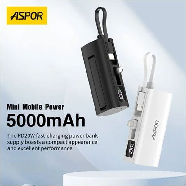 Aspor A351 Mini Power Bank 5000mAh – Portable Phone Charger with Digital Display, Built-In Stand & Flexible Cable