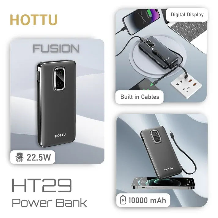 HOTTU HT29 Power Bank – 10000mAh, 22.5W Fast Charging with Built-in Cables