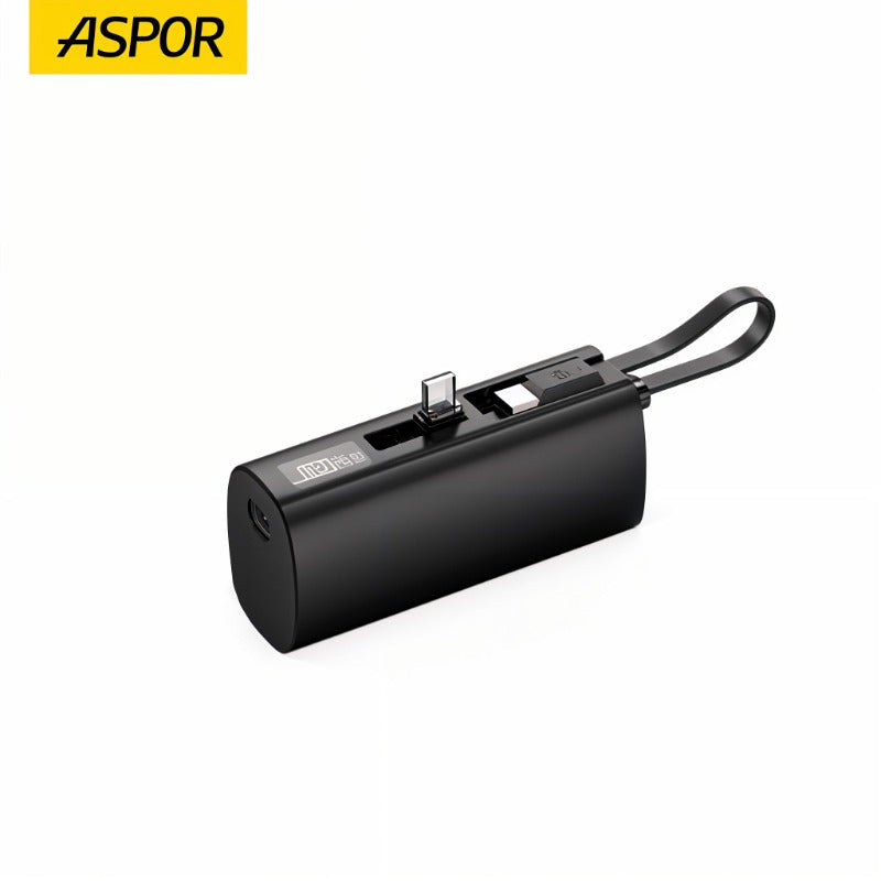 Aspor A351 Mini Power Bank 5000mAh – Portable Phone Charger with Digital Display, Built-In Stand & Flexible Cable