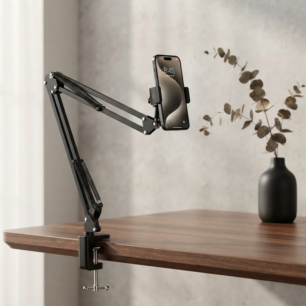 Metal Overhead Mount Phone Holder – Adjustable Articulating Arm for Smartphones