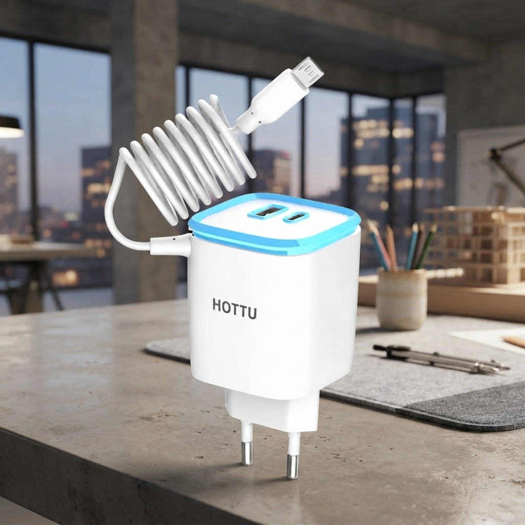 HOTTU FC13 Trio Wall Charger – 3-in-1 Fast Charger with Built-in Micro USB Cable