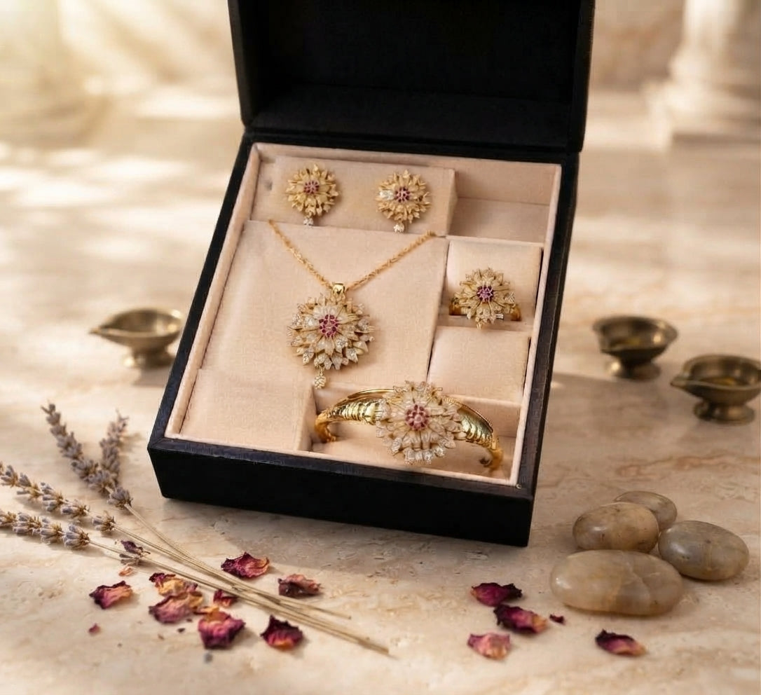 Gold-Plated Floral Jewelry Set – Traditional Matching Necklace, Earrings, Bracelet & Ring