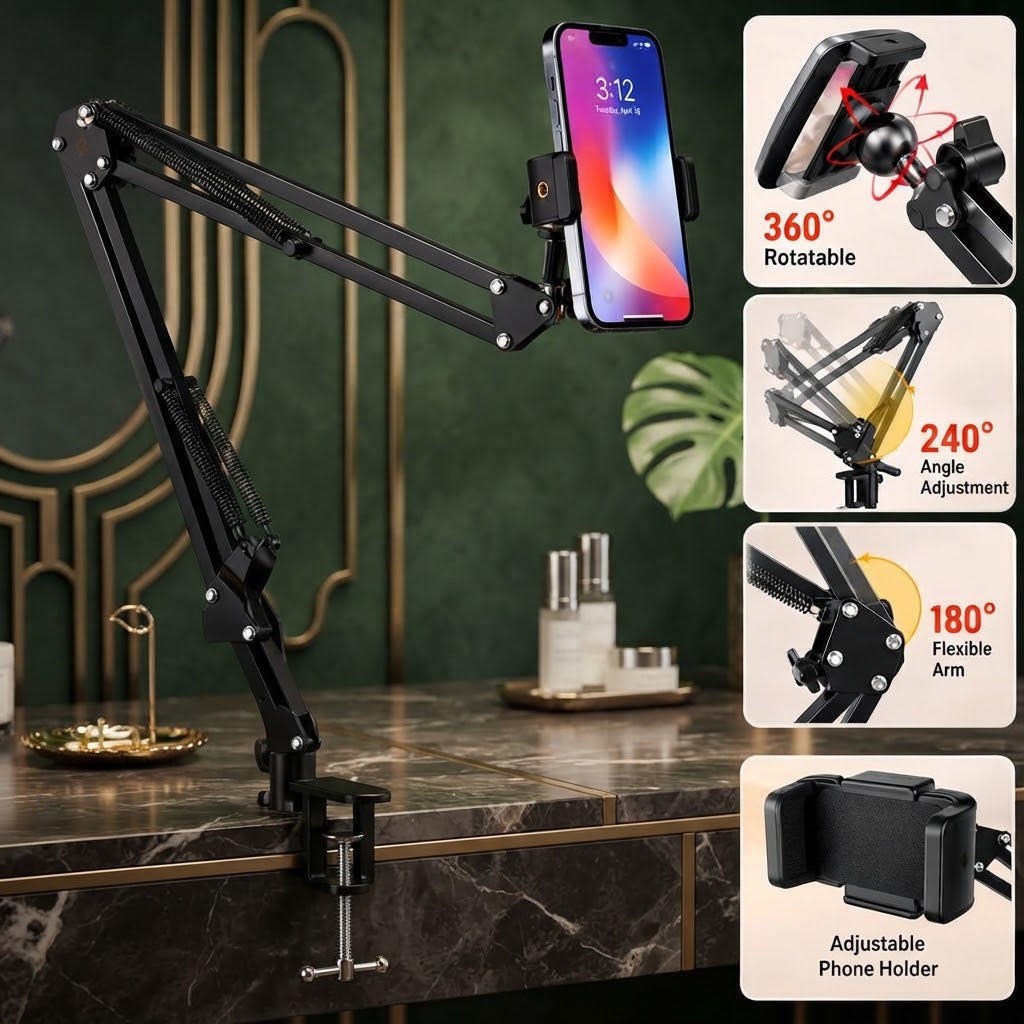Metal Overhead Mount Phone Holder – Adjustable Articulating Arm for Smartphones