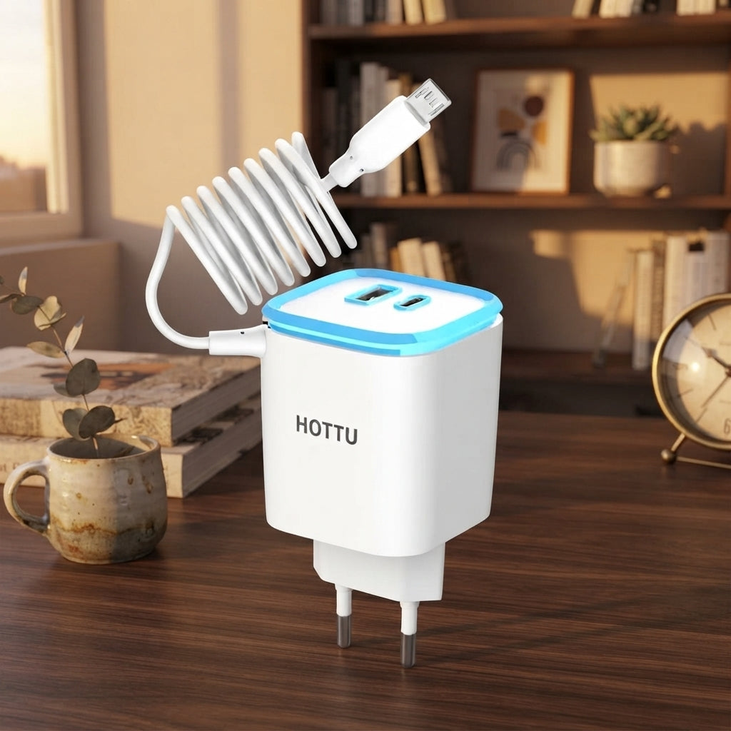 HOTTU FC13 Trio Wall Charger – 3-in-1 Fast Charger with Built-in Micro USB Cable
