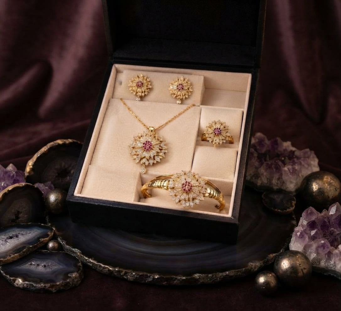 Gold-Plated Floral Jewelry Set – Traditional Matching Necklace, Earrings, Bracelet & Ring