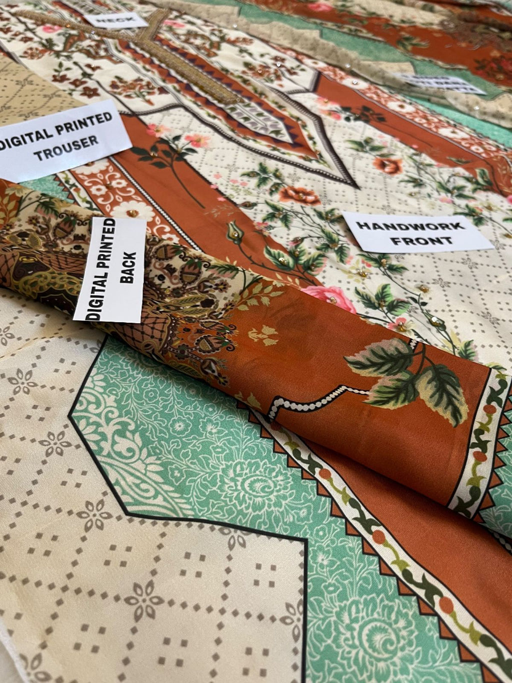 Elegant Kaftan-Style 3-Piece Unstitched Suit with Handwork Embroidery
