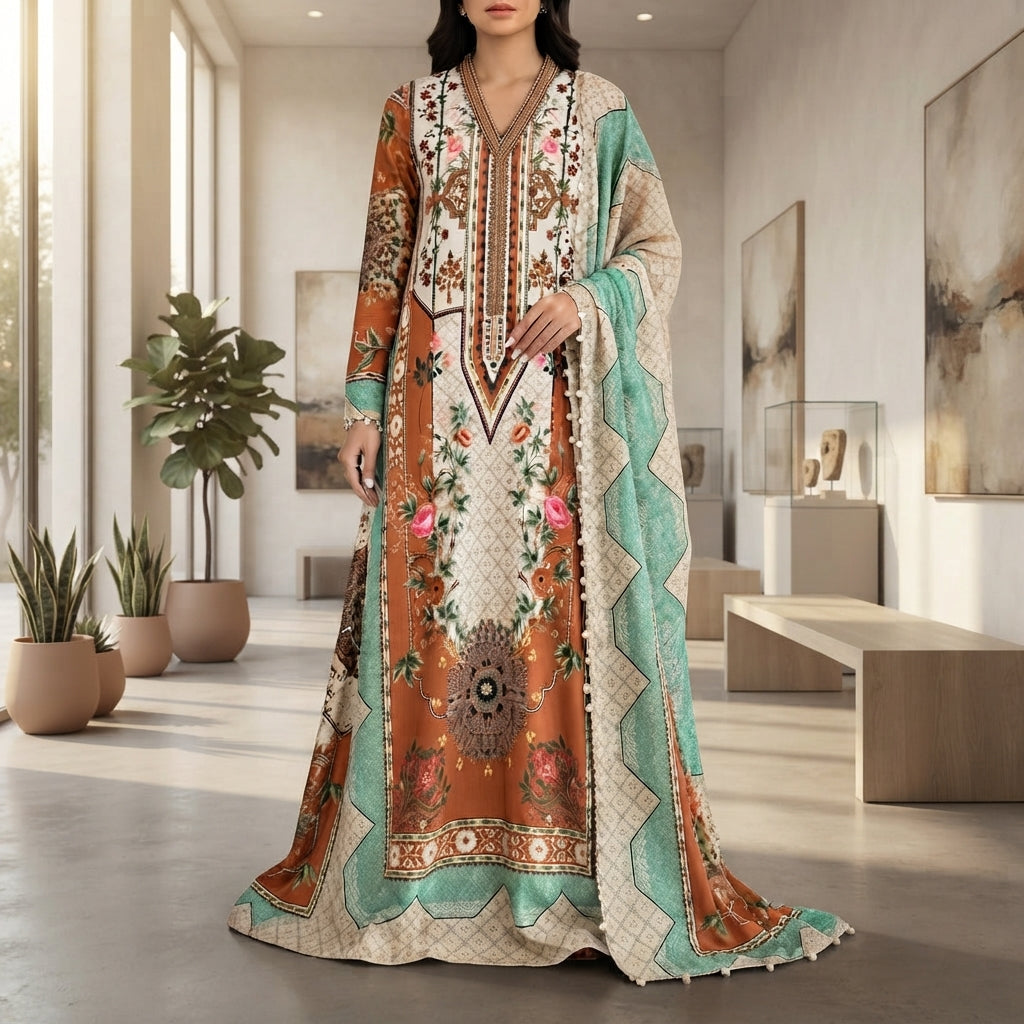 Elegant Kaftan-Style 3-Piece Unstitched Suit with Handwork Embroidery