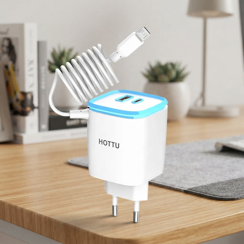 HOTTU FC13 Trio Wall Charger – 3-in-1 Fast Charger with Built-in Micro USB Cable