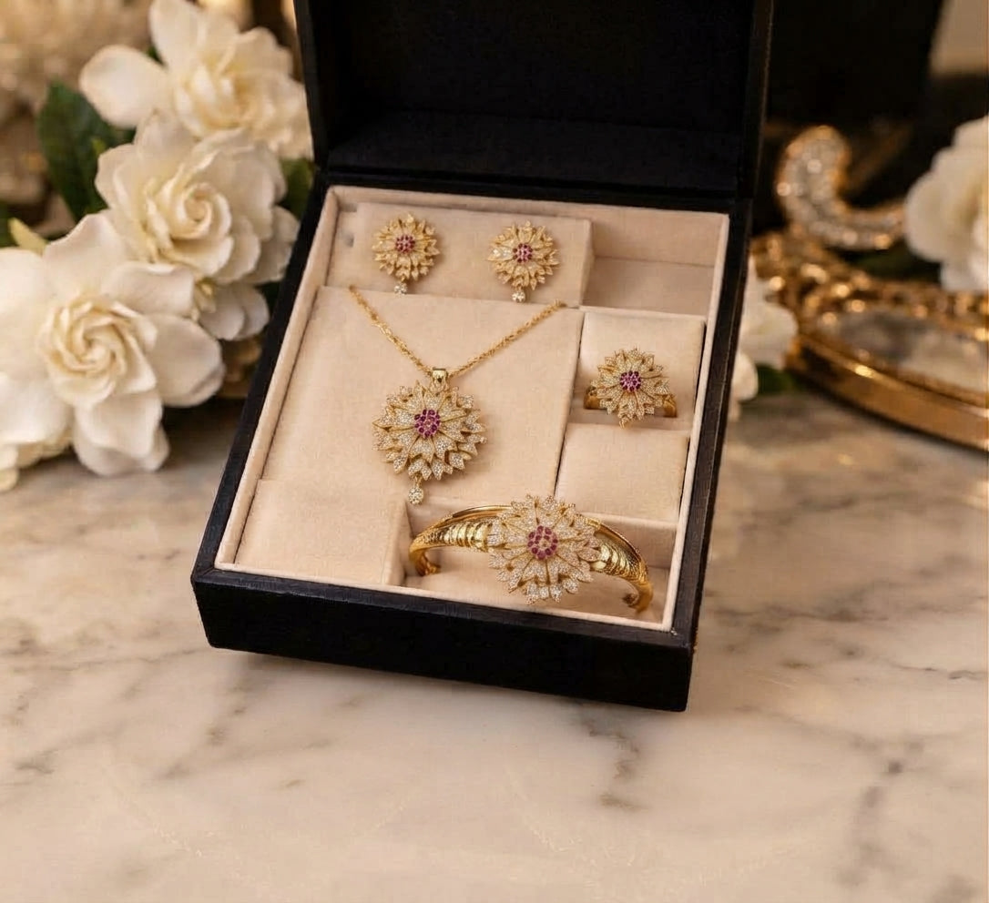Gold-Plated Floral Jewelry Set – Traditional Matching Necklace, Earrings, Bracelet & Ring
