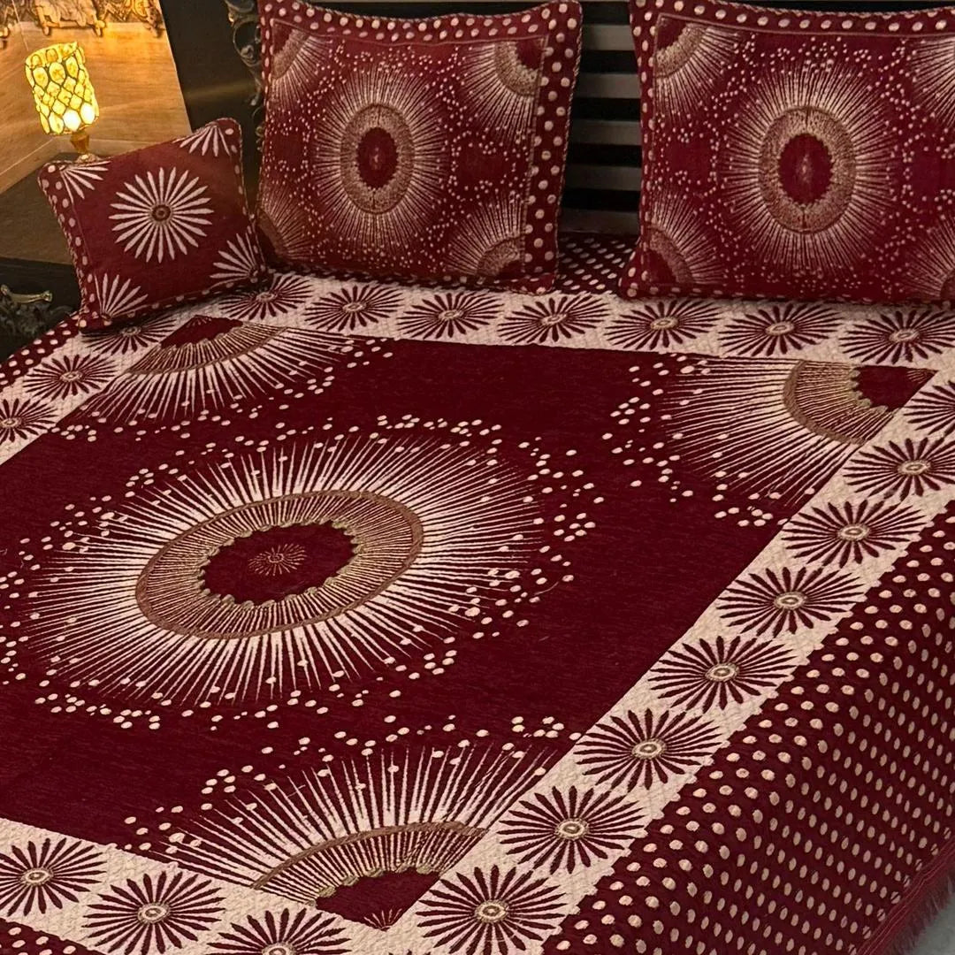 Red Velvet Jacquard Double Bed Set 4 Pcs