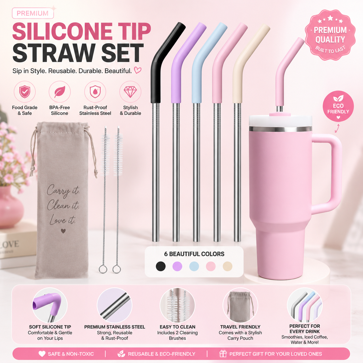 Premium Stainless Steel Straws with Silicone Tips – Compatible with 40oz Tumblers
