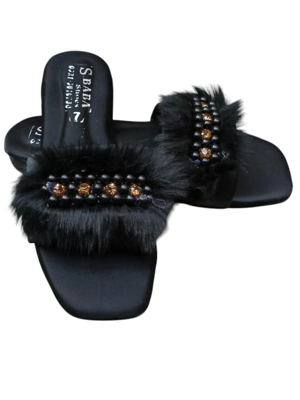 Black Fur Embellished Women's Slippers Size 7-10