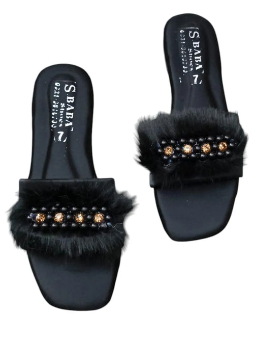 Black Fur Embellished Women's Slippers Size 7-10