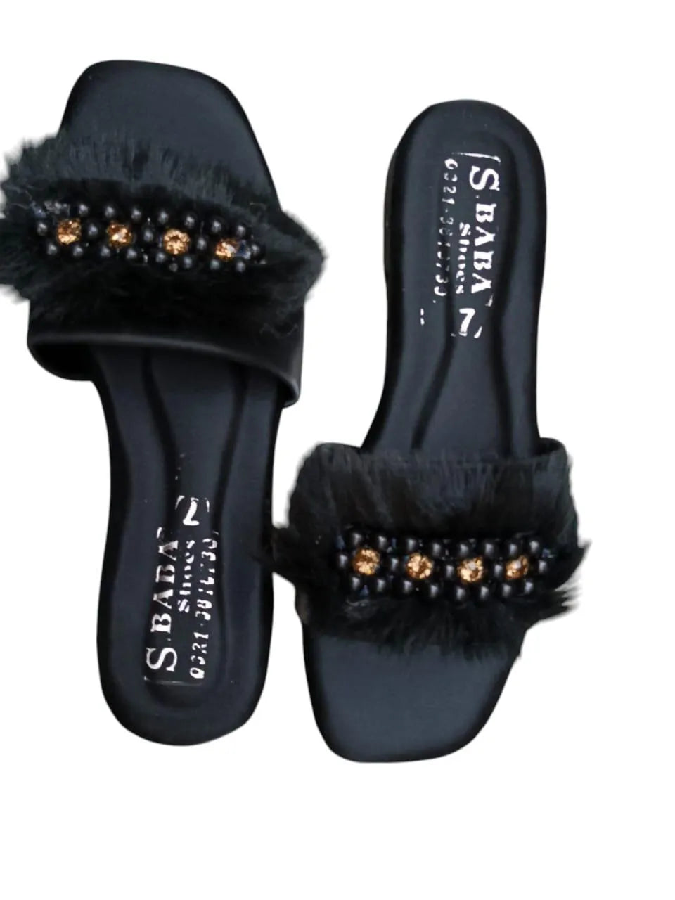 Black Fur Embellished Women's Slippers Size 7-10