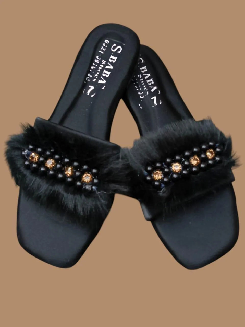 Black Fur Embellished Women's Slippers Size 7-10