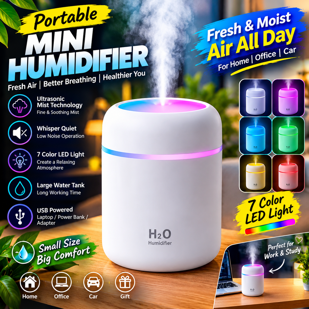 Premium Cool Mist Humidifier with 7-Color LED Lights – Random Color